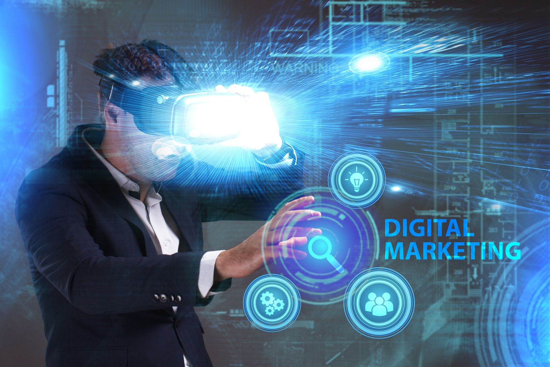 Business, Technology, Internet and network concept. Young businessman working in virtual reality glasses sees the inscription: Digital Marketing